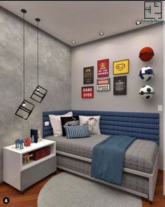 a room with a bed, dresser and basketballs on the wall above it is shown in an instagram