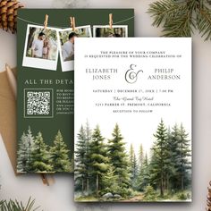 the wedding card is hanging on a clothesline next to pine cones and evergreen trees