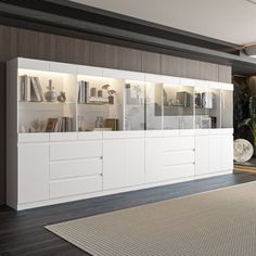 a living room filled with furniture and lots of shelves on the wall next to a rug