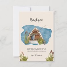 a little fisherman is on the way baby shower card with an image of a boat and reeds