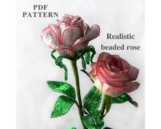 two pink roses with green leaves in a glass vase on a white background text reads, realistic beaded rose