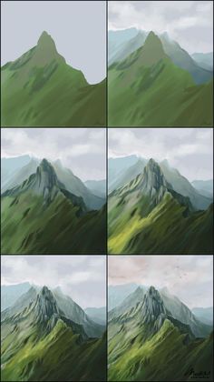 four different views of mountains with green grass