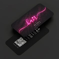 a neon business card with qr code on the front and back, sitting on a dark surface