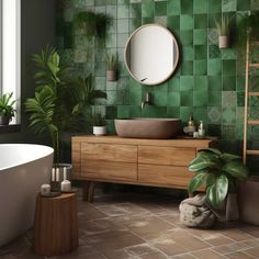 a bathroom with green tiles and plants in the bathtub, sink and mirror on the wall