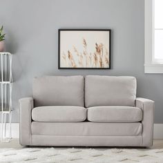 a living room with a gray couch and white rug