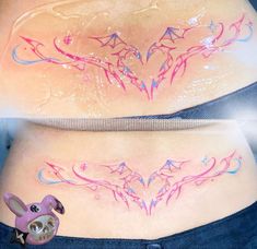 two pictures of the same woman's stomach with different colored tattoos on their butts