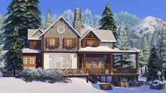 this is an artist's rendering of a house in the snow with trees around it