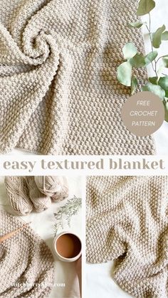 the easy textured blanket is knitted with yarn and sits next to a cup of coffee