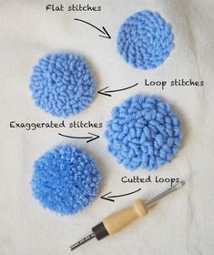 three crocheted balls and a needle on a white cloth with words describing how to crochet