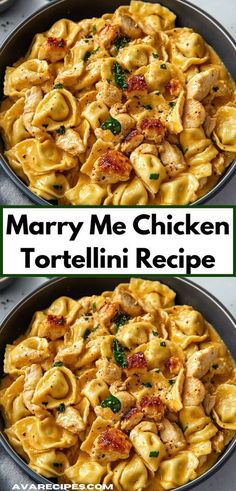 two pans filled with tortellini shells and chicken on top of each other