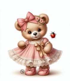 a brown teddy bear wearing a pink dress and holding a lady bug