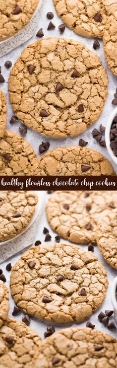 chocolate chip cookies are stacked on top of each other and ready to be eaten in the oven