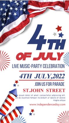 fourth of july party flyer with american flag and fireworks on white background, text reads 4th of july live music - party celebration