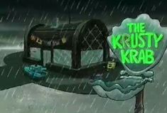 the krusty krab logo is displayed on a sign in the rain