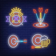 four neon signs with arrows, beer and darts on a dark brick wall background illustration