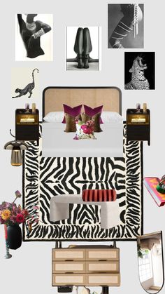 a bedroom with zebra print bedding and accessories