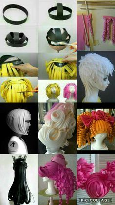 many different types of wigs and hair accessories are shown in this photo collage