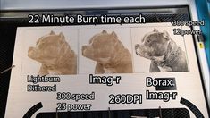 there are three pictures of dogs on the back of a sign that says, 22 minute burn time each