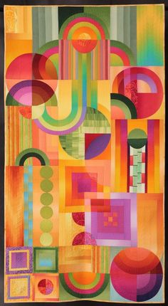 an abstract painting with many different colors and shapes on it, including circles, squares, and rectangles