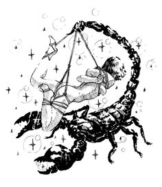 a black and white drawing of a scorpion holding a woman on its back with stars in the background