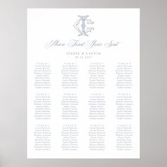 a white and blue wedding seating chart