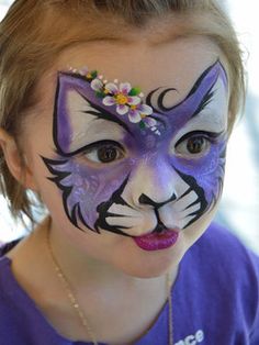 Cat Face Paintings, Kitten Face Paint, Cat Face Painting For Kids, Cat Face Paint Easy, Purple Face Paint, Cat Face Painting, Cool Face Paint, Kitty Face Paint