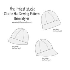 the littlest studio cloche hat sewing pattern is shown in three different sizes and colors