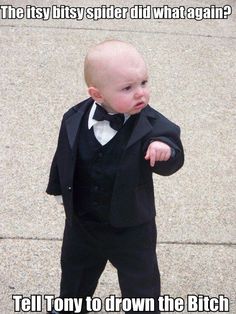 a baby dressed in a tuxedo and pointing at something with caption that reads, if illinois rises takes again they'll have to answer to me