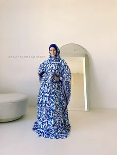 Elegant White Kaftan Abaya With Blue Italian Print and - Etsy Blue Modest Khimar For Eid, Blue Long Khimar For Eid, Long Blue Khimar For Eid, Traditional Blue Hijab For Eid, Modest Long Sleeve Blue Kaftan, Blue Modest Long Abaya, Long Blue Abaya For Eid, Blue Long Abaya For Eid, Blue Abaya For Eid