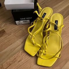 Brand New. Never Worn Yippie Sandal In Yellow Cognac Heels, Brown Sandals Heels, Wide Sandals, Black Gold Chain, Nine West Heels, Strappy Block Heels, Ankle Strap Block Heel, Ankle Strap Sandals Heels, Pink Patent Leather