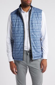 Get two looks in one with this quilted reversible vest that has diamond-quilted faux leather on one side and supersoft fleece on the other. Front zip closure Stand collar Front zip pockets; reverse welt pockets Adjustable snap side tabs Lined, with synthetic fill 62% polyurethane, 38% viscose Dry clean Made in China Mens Quilted Vest, Luxury Quilted Casual Vest, Mens Brown Quilted Vest, Quilted Vest Outfit, Outdoor Quilted Sleeveless Vest, Men's Fleece Vest, Vest Sewing, Men’s Zippered Vest, Navy Vest