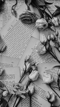 dried flowers are laying on top of an open book with pages in the background that have been folded down