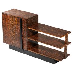 a wooden shelf with two shelves on each side