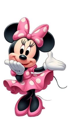 a cartoon minnie mouse with pink and white polka dots on it's head, dancing