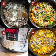 four pictures showing how to cook the ingredients in an instant pressure cooker, including rice and vegetables