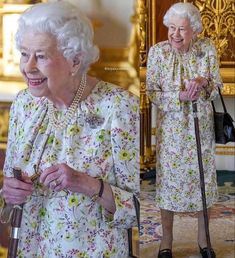 an older woman wearing a floral dress and holding a cane