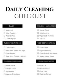 the daily cleaning checklist is shown in black and white