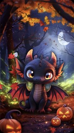 a little dragon sitting in the woods with pumpkins