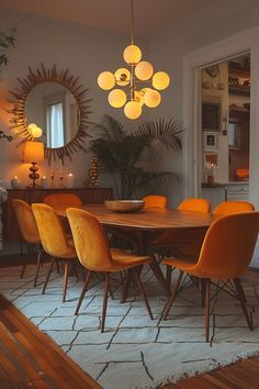 the dining room table is surrounded by yellow chairs