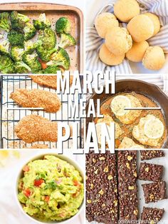 a collage of different meals including broccoli, bread and other food items