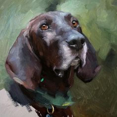 an oil painting of a dog's face on a green and white background, looking at the camera