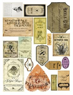 an assortment of wine labels and tags