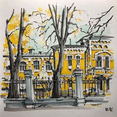 a drawing of a building with trees in front of it and yellow leaves on the ground