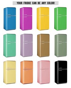 an assortment of refrigerators with different colors on the front and bottom, including black, white, yellow, pink, green, blue, red, purple, orange