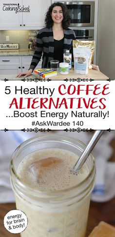 a woman standing in front of a coffee cup with the words 5 healthy coffee alternatives