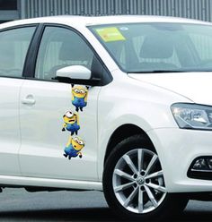 a white car with two minions the minion stickers on it's side