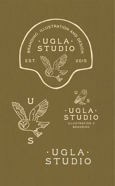 the logo for uglia studio is shown in white on brown paper with an eagle and