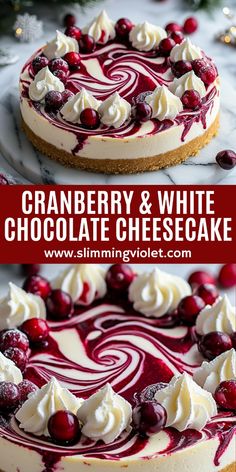 cranberry and white chocolate cheesecake on a platter with the text overlay