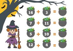 halloween counting game with witch and pot full of money