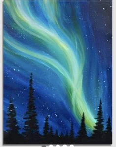 an acrylic painting of the night sky with green and blue aurora bores